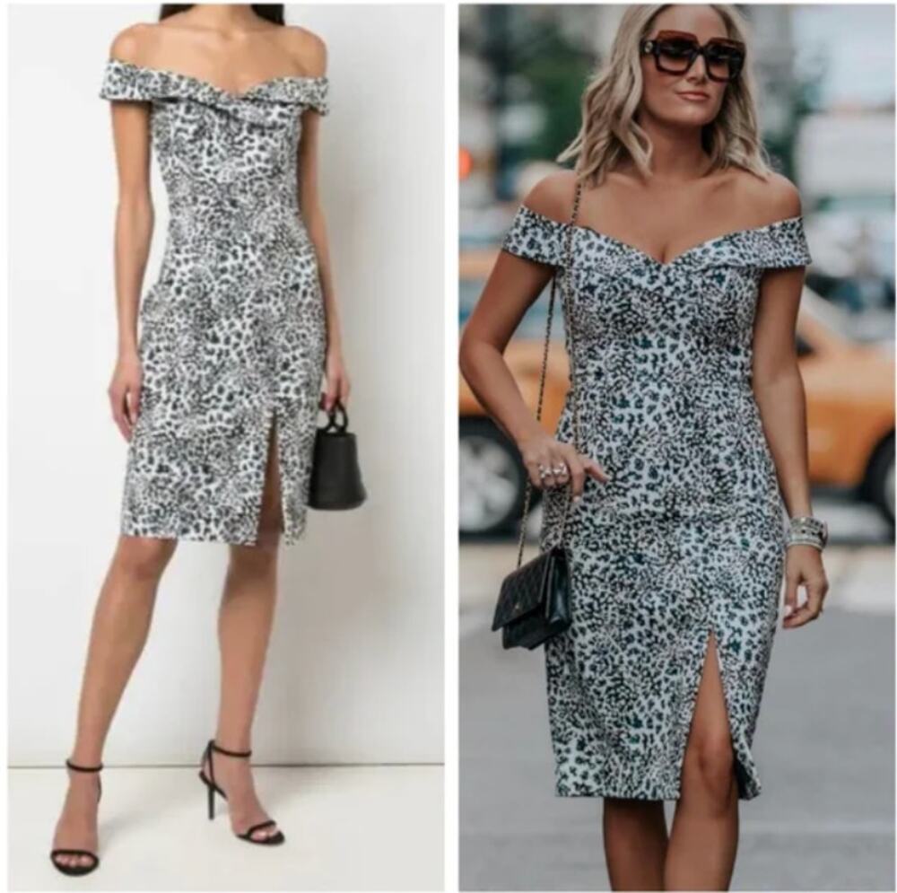 Black Halo Hepburn Kaleidoscope Off Shoulder Dress Womens Size 12 White Black